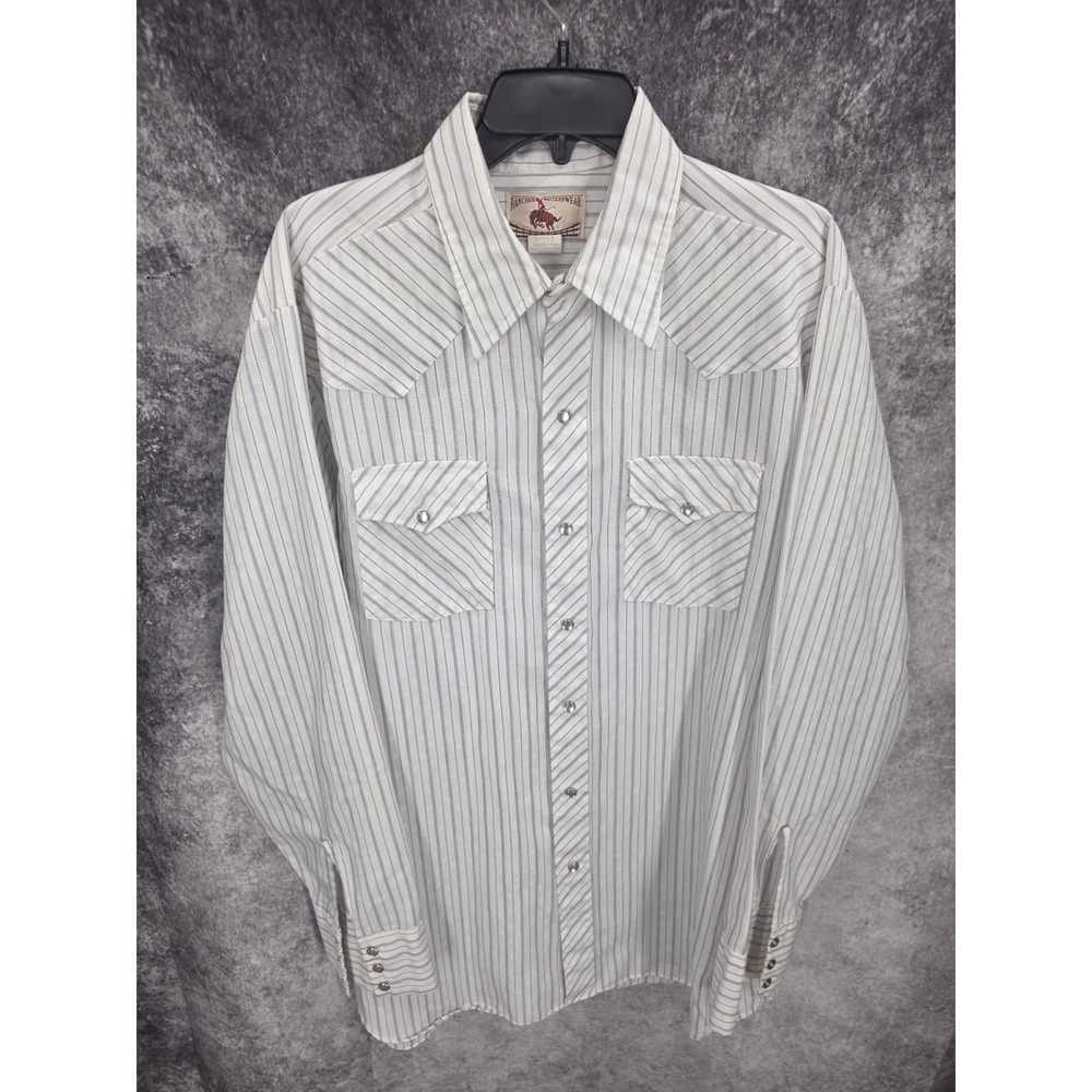 Vintage 1970s Ranchers WesternWear Shirt Mens XL Tall White Stripe Pearl Snap